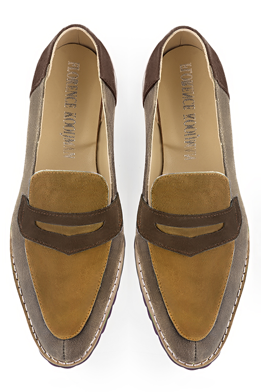 Tan beige, mustard yellow and chocolate brown women's casual loafers. Round toe. Flat rubber soles. Top view - Florence KOOIJMAN